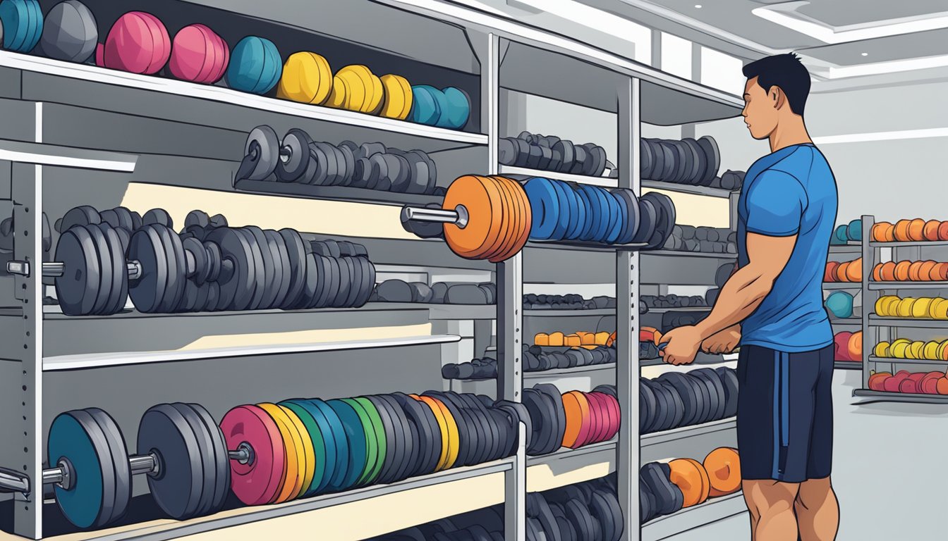 A person selects weights from a rack at a fitness store in Singapore. Displayed options include dumbbells, barbells, and kettlebells