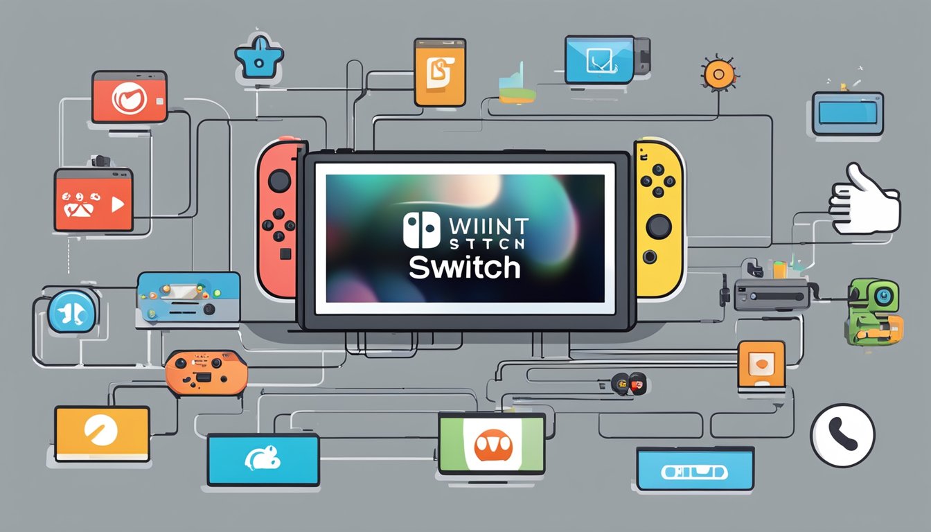 The Nintendo Switch console connected to the internet, with the online subscription logo displayed on the screen, and a variety of game icons visible
