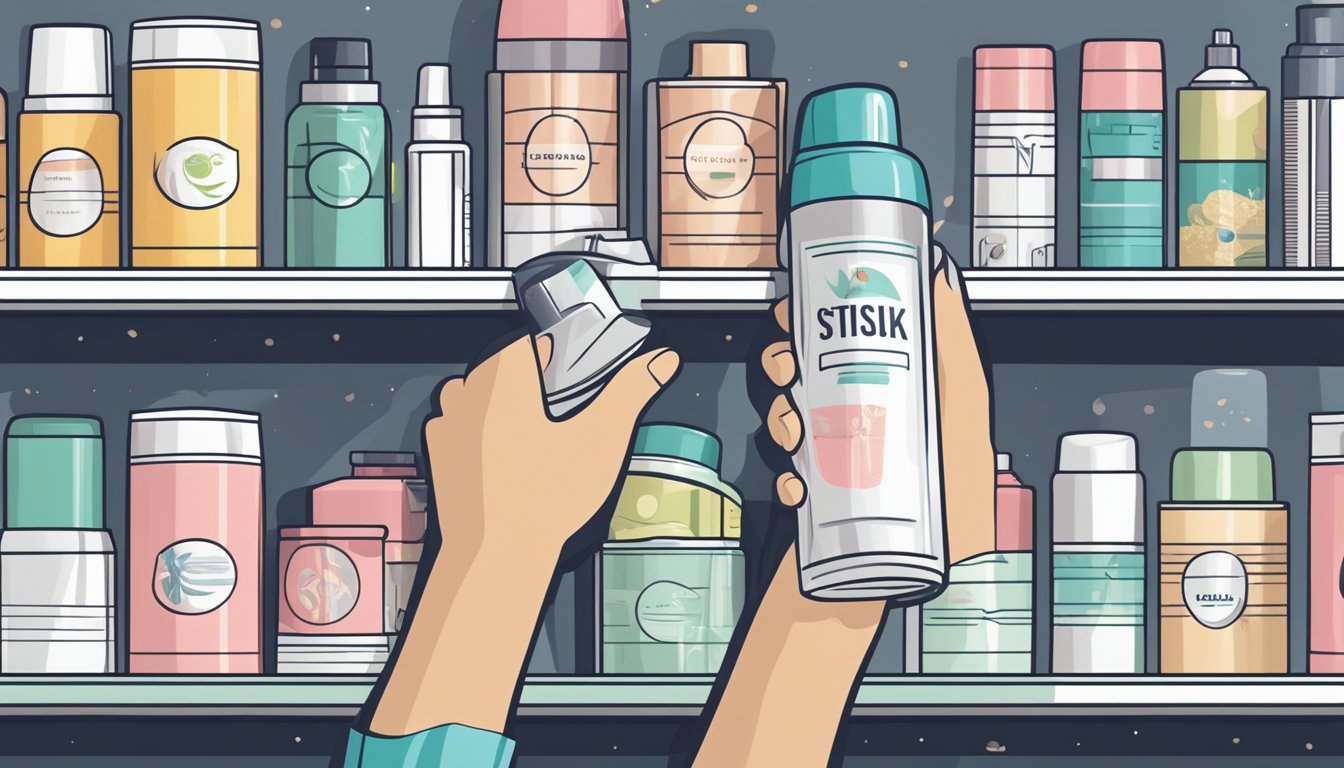 A hand reaching for a bottle of dry shampoo on a shelf, with other top picks displayed nearby