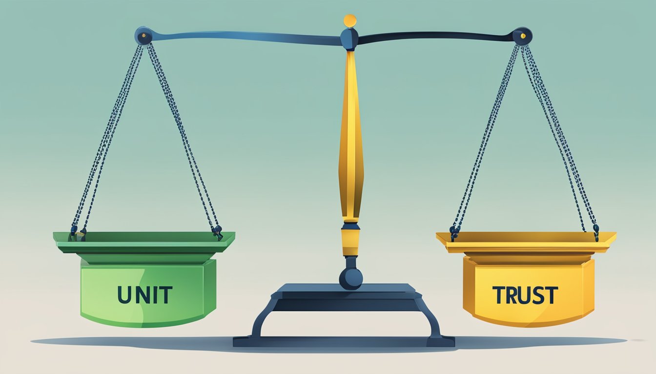 A scale with "Unit Trust" on one side and "ETFs" on the other, representing the comparison between the two investment options