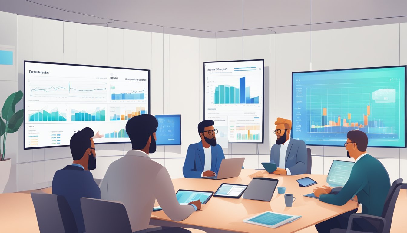 A group of diverse investors comparing unit trusts and ETFs, with charts and graphs displayed on a large screen in a modern, well-lit meeting room