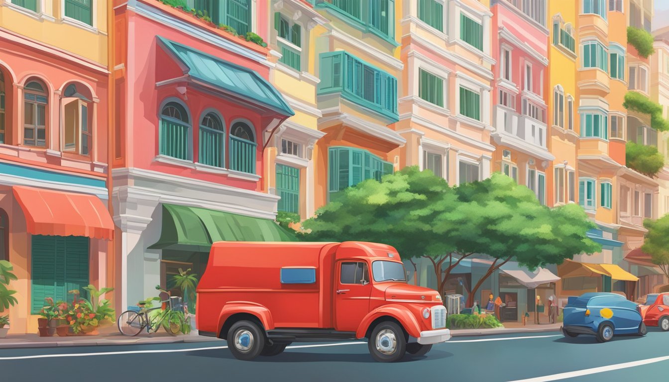 A red truck drives through the bustling streets of Singapore, passing by colorful buildings and lush greenery