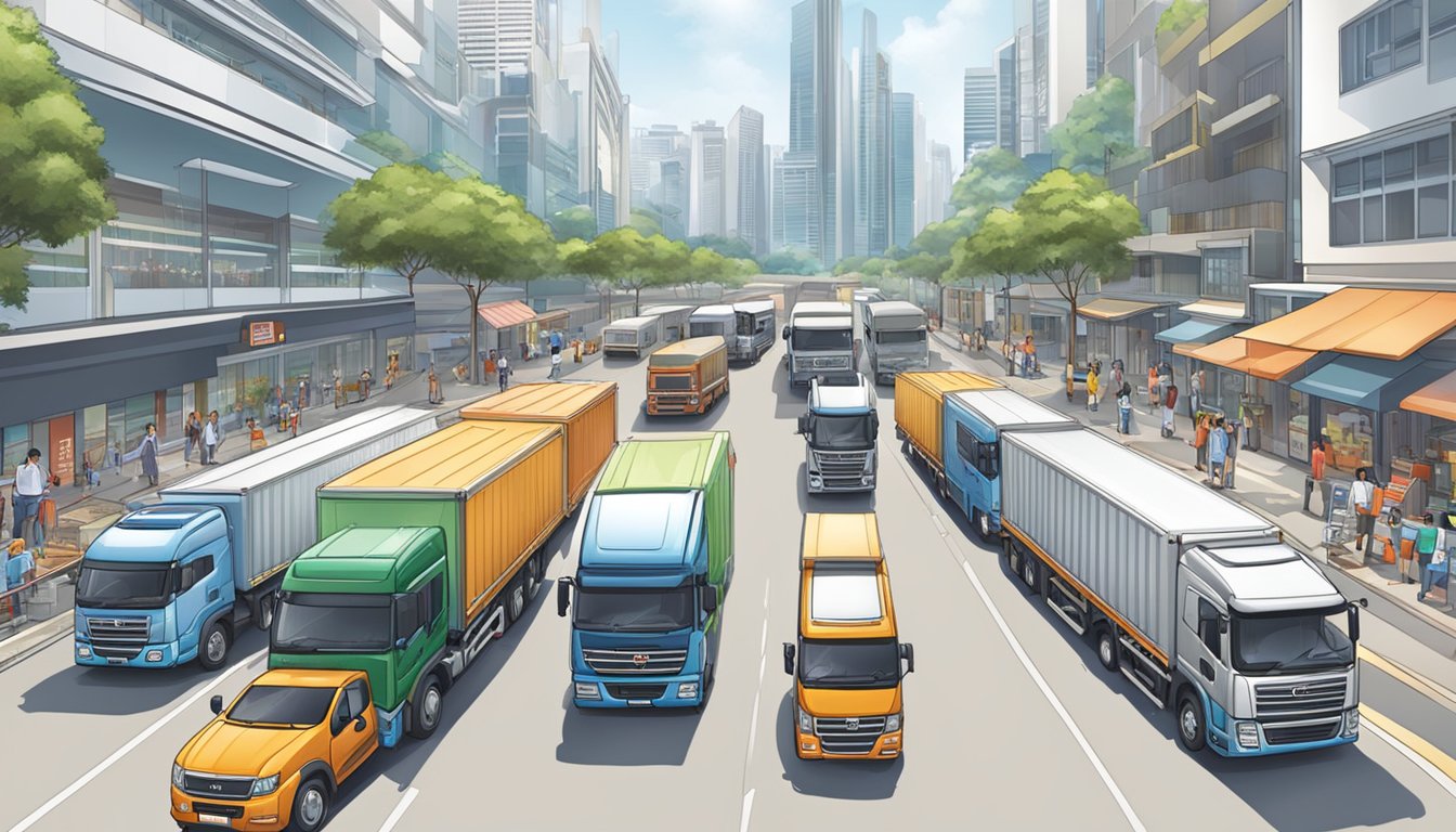 A bustling Singapore street with a variety of trucks on display, showcasing different models and sizes for businesses to choose from