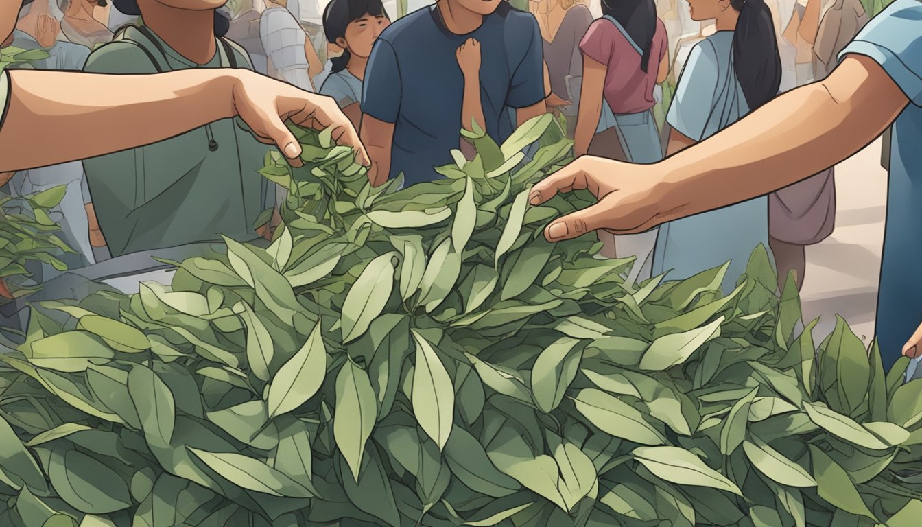A hand reaching out to buy eucalyptus leaves in a bustling Singapore market