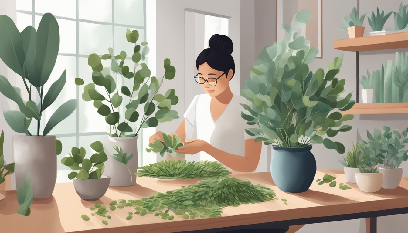 A customer in Singapore buys eucalyptus leaves, examines them, and later arranges them in a vase at home