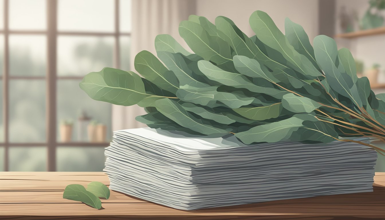 A stack of eucalyptus leaves sits on a rustic wooden table, with a sign reading "Frequently Asked Questions buy eucalyptus leaves singapore" nearby