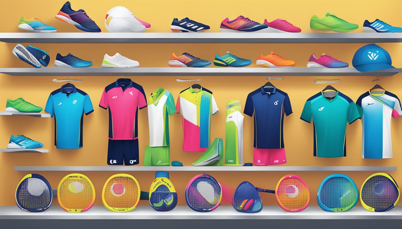 A bright, modern sports store in Singapore displays a variety of Yonex rackets on sleek shelves, with vibrant colors and sleek designs catching the eye