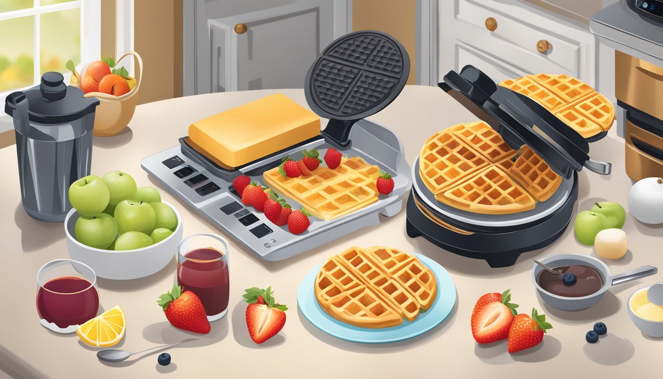 A kitchen counter with a modern waffle maker, surrounded by ingredients like batter, syrup, and fresh fruit