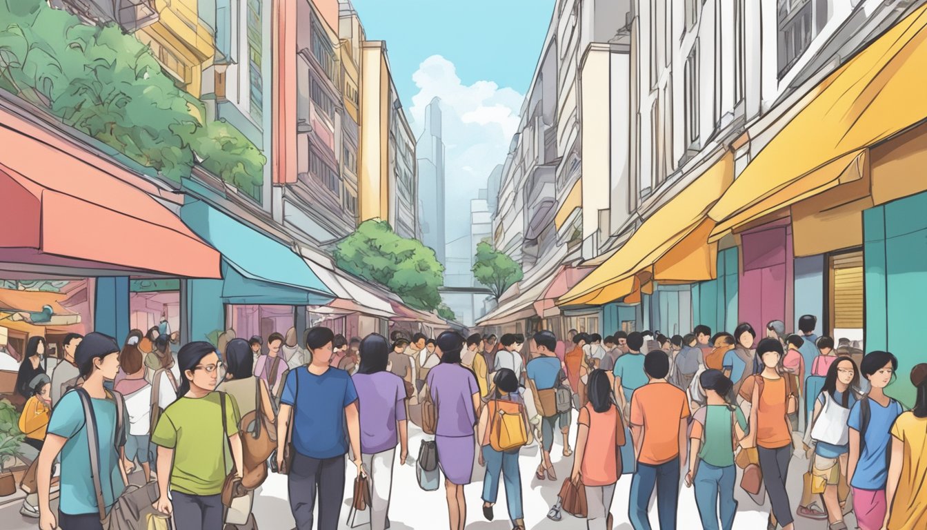 A bustling Singapore street lined with colorful shoe stores and eager shoppers seeking affordable footwear
