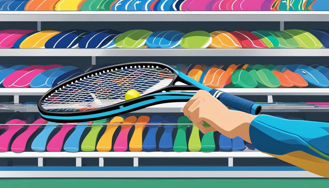 A hand reaches for a Yonex racket on a shelf in a sports equipment store in Singapore. Various models are displayed, with bright colors and sleek designs