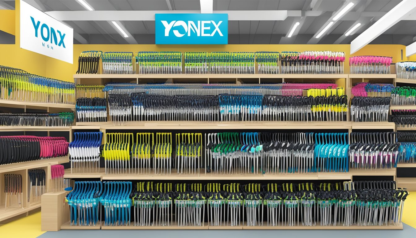 A display of Yonex rackets at a sports equipment store in Singapore, with a sign indicating "Frequently Asked Questions" about purchasing