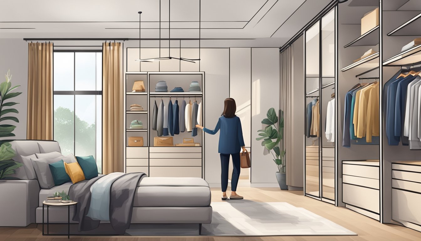 A customer browsing through a variety of modern and stylish wardrobes in a spacious and well-lit furniture showroom in Singapore