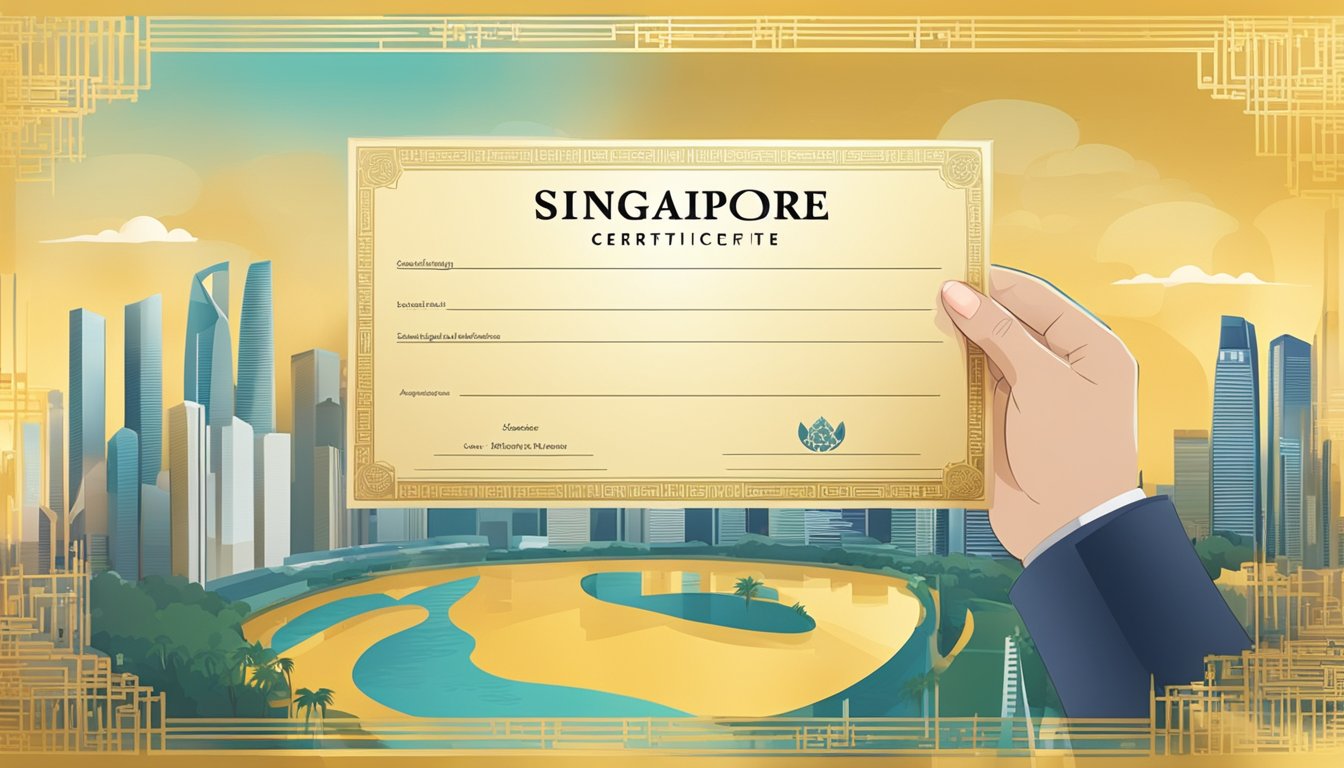 A hand holding a gold certificate with the Singapore skyline in the background