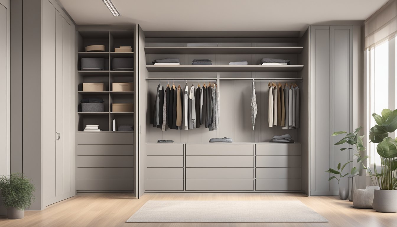 A spacious room with a sleek, modern wardrobe against a neutral backdrop. The wardrobe has clean lines and ample storage, with a mix of shelves, drawers, and hanging space