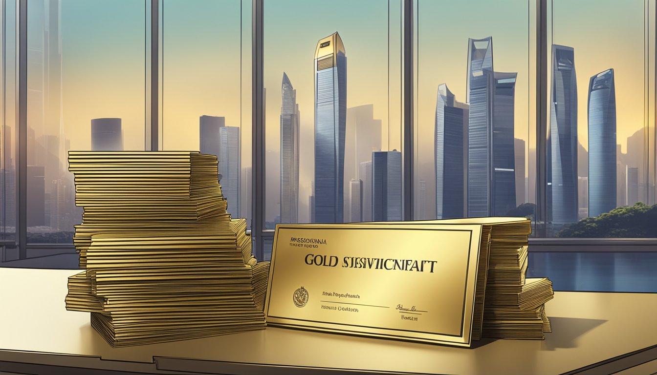 A stack of gold certificates sits on a sleek desk, with a Singaporean skyline visible through a window in the background