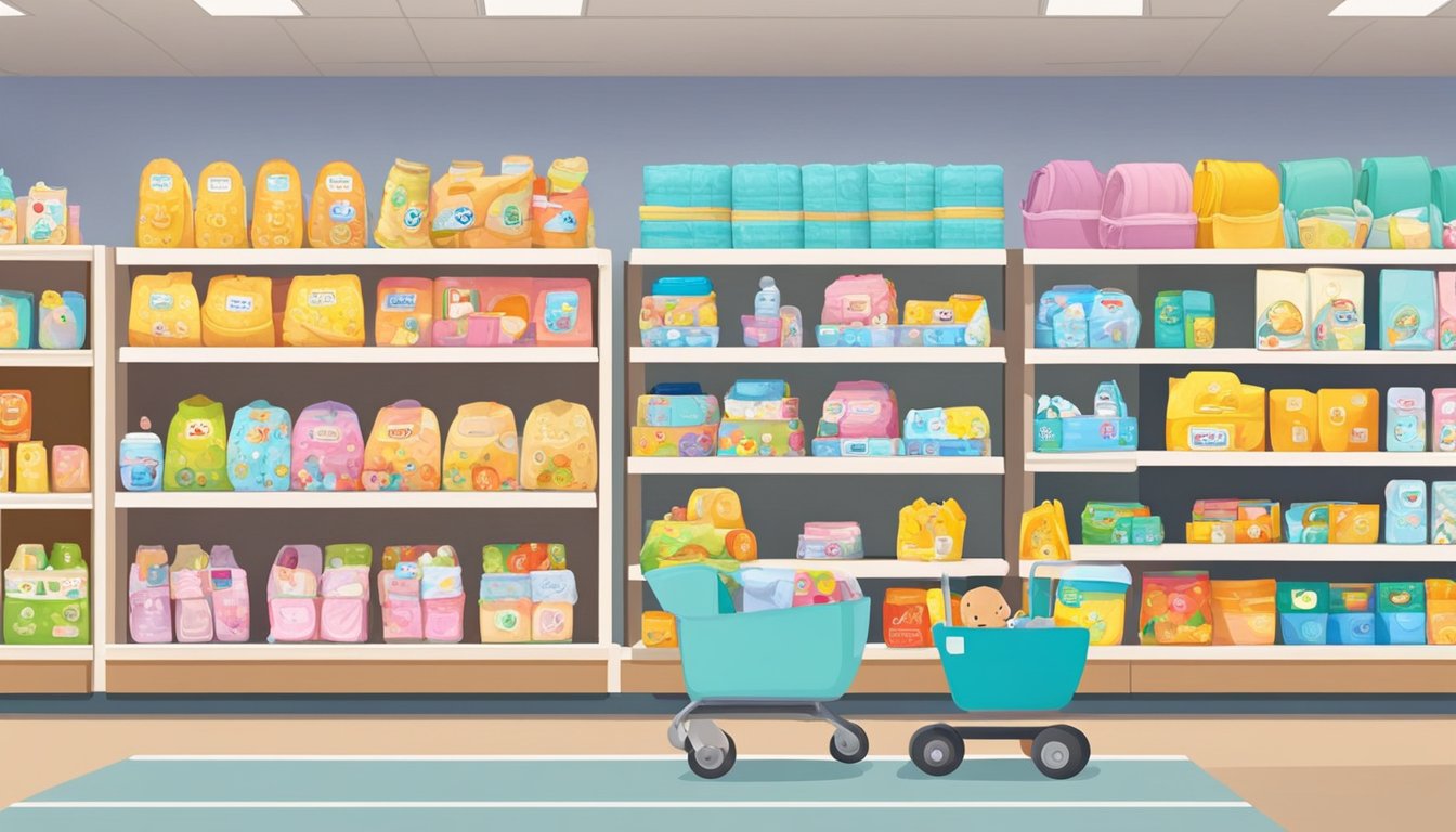 A bustling store in Singapore displays shelves of baby items. Customers browse aisles filled with diapers, toys, and clothing. Bright colors and cheerful displays create a welcoming atmosphere