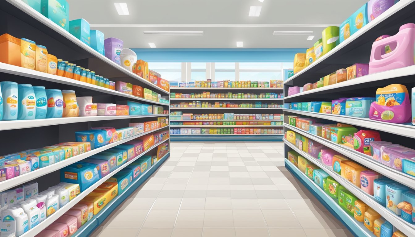 A colorful array of baby products lines the shelves of a well-stocked store in Singapore, including diapers, formula, toys, and clothing