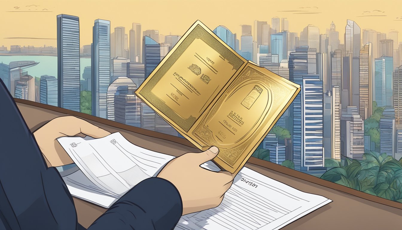 A hand places gold certificates into a portfolio, with a Singaporean skyline in the background