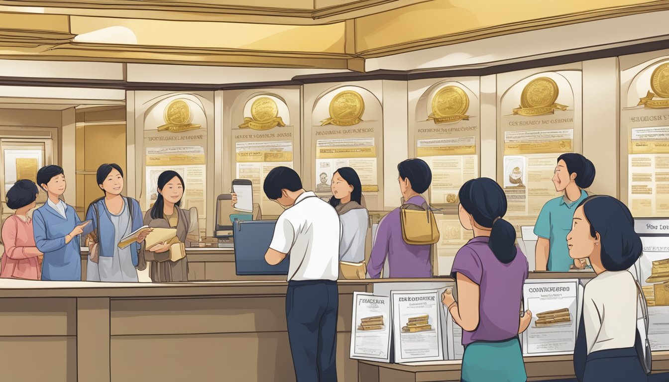 Customers lining up at a counter, asking questions about buying gold certificates in Singapore. Display of certificates and informational brochures