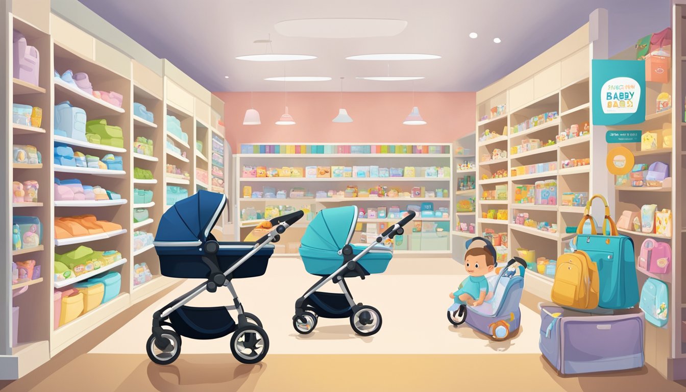 A stroller and diaper bag sit in a bustling baby store in Singapore, surrounded by shelves of baby items and colorful displays