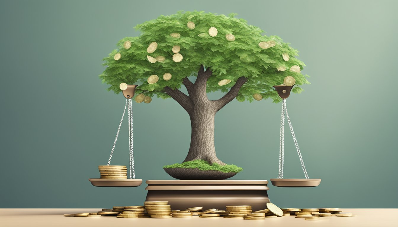 A scale weighing a stack of money against a tree growing money, symbolizing the comparison between fixed deposits and endowment plans
