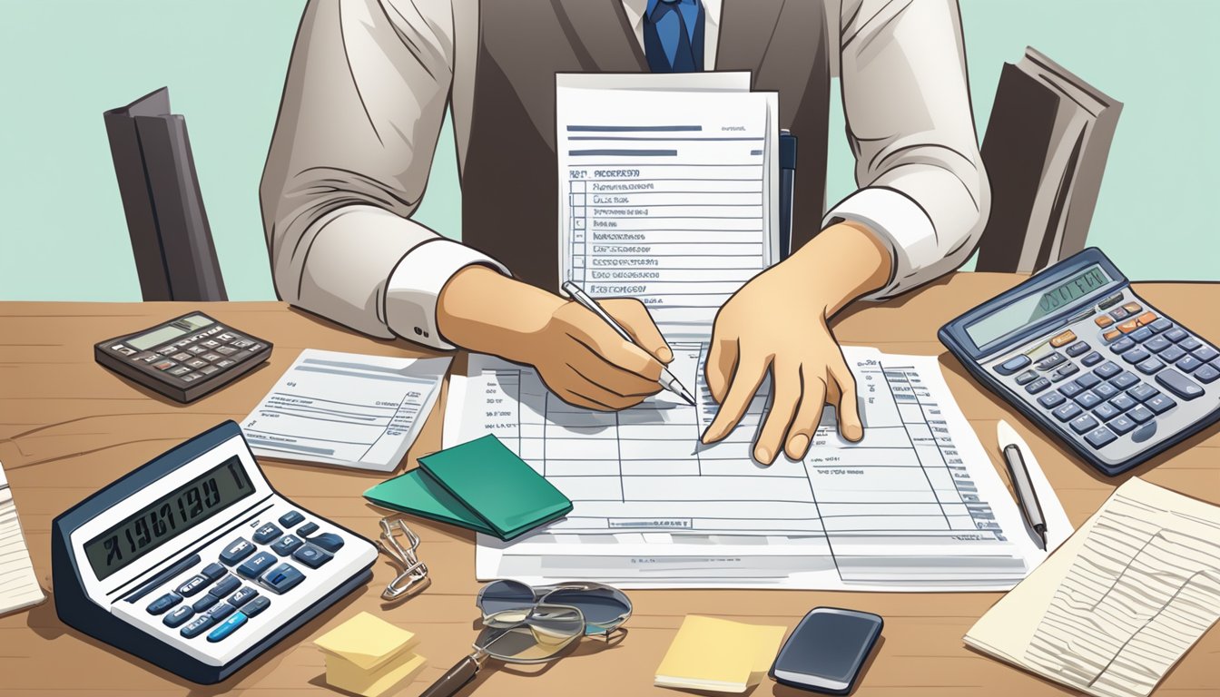 A person comparing fixed deposits and endowment plans, with a calculator and financial documents spread out on a desk