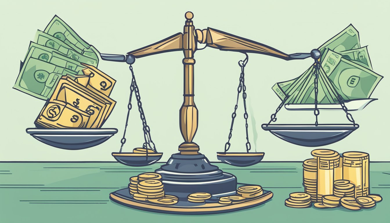 A scale balancing a pile of money on one side and an endowment plan on the other, with arrows pointing to the benefits of each option