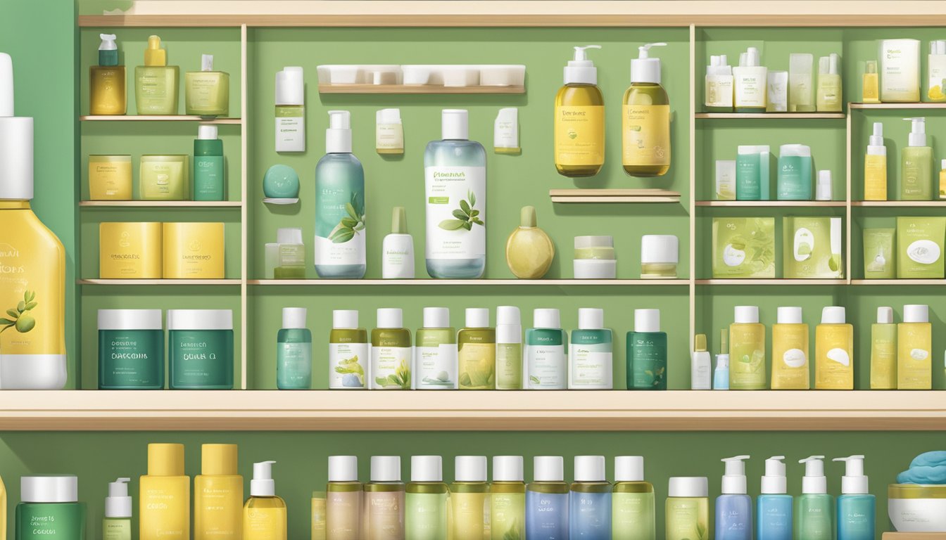 A bottle of jojoba oil sits on a shelf in a Singaporean store, surrounded by other skincare products