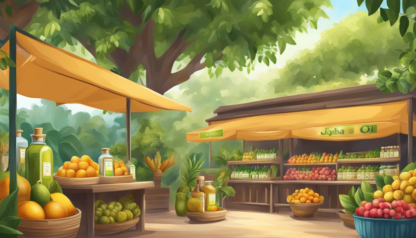 A bottle of jojoba oil placed on a vibrant Singaporean market stall, surrounded by lush greenery and exotic fruits