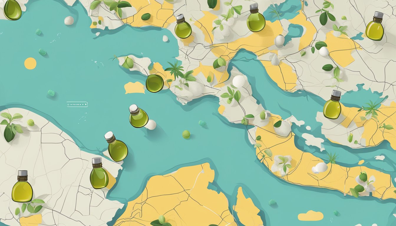 A bottle of jojoba oil surrounded by question marks and a map of Singapore