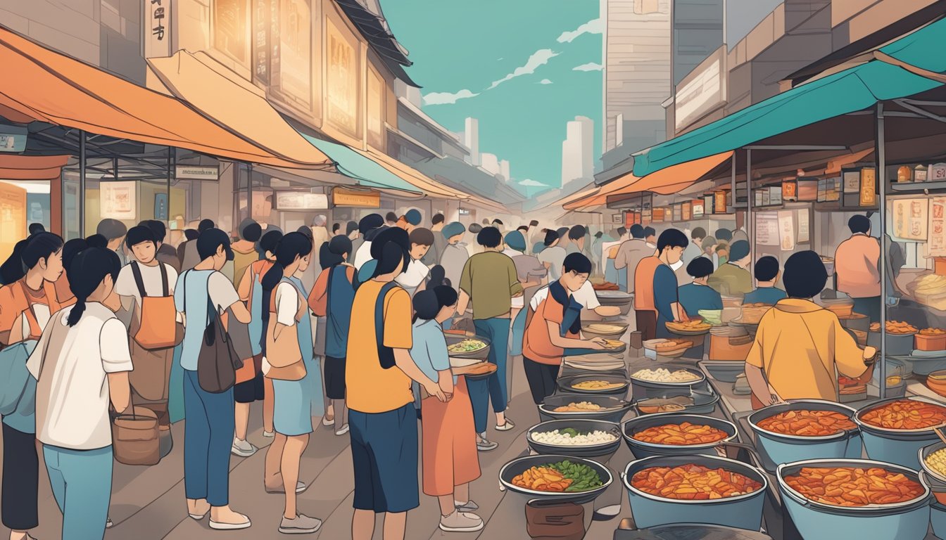 A bustling hawker center with steaming pots of spicy tteokbokki, vendors bustling, and customers eagerly waiting in line