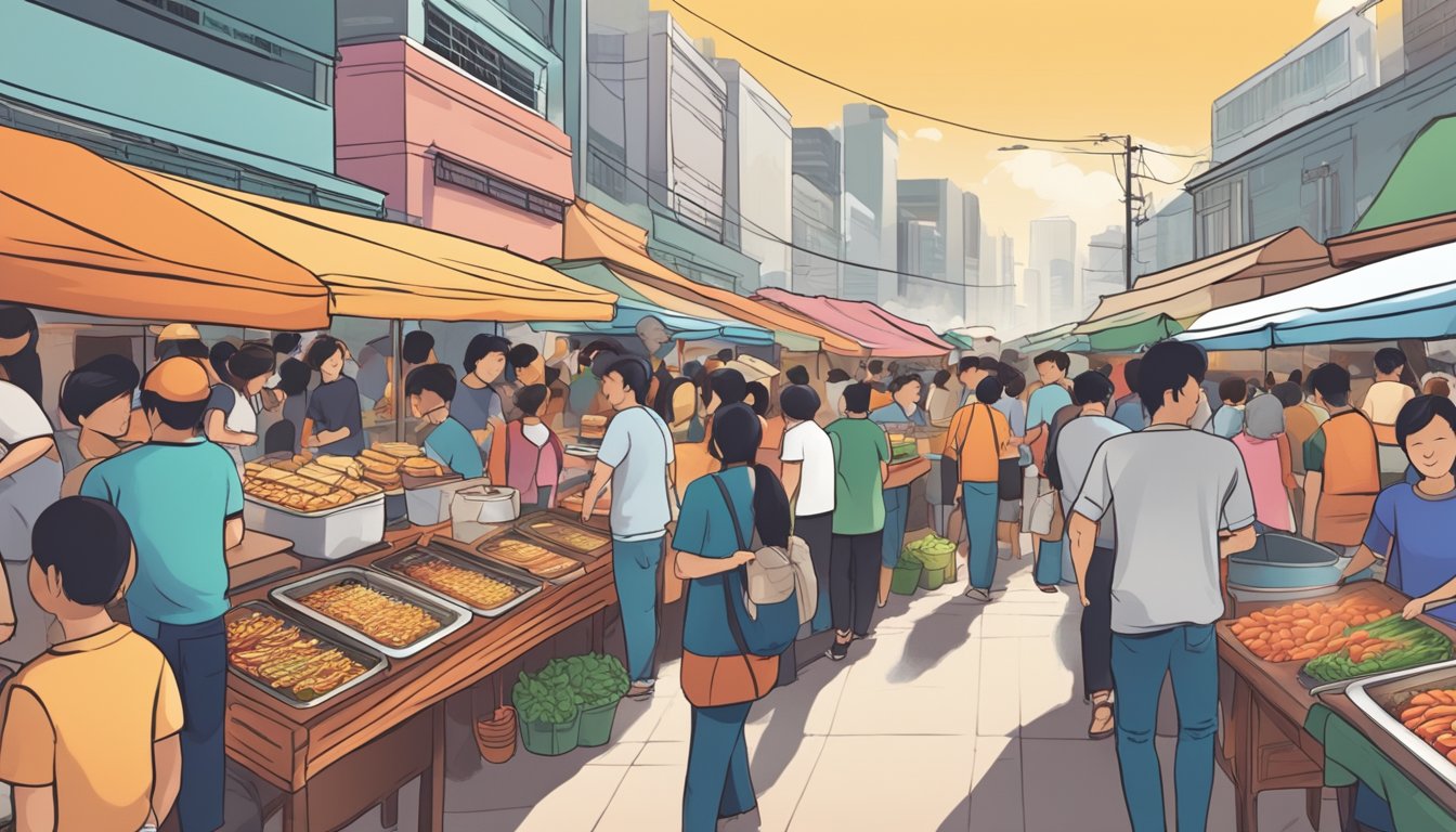 A bustling street market with colorful food stalls selling steaming hot tteokbokki in Singapore. A crowd of people eagerly lining up to buy the popular Korean street food