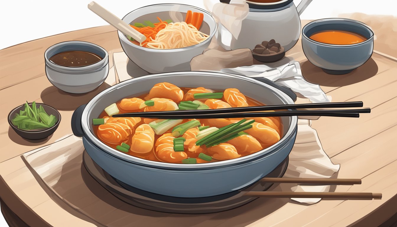 A table set with steaming tteokbokki, chopsticks, and a bowl of kimchi. A cozy home interior with soft lighting and a hint of steam rising from the dish