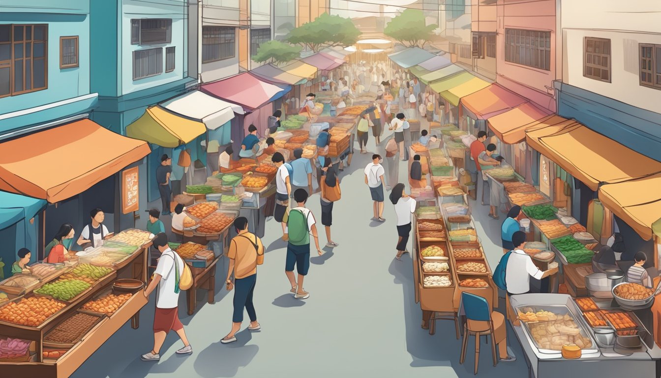 A bustling street market in Singapore, with colorful food stalls and vendors selling steaming hot tteokbokki, surrounded by curious customers