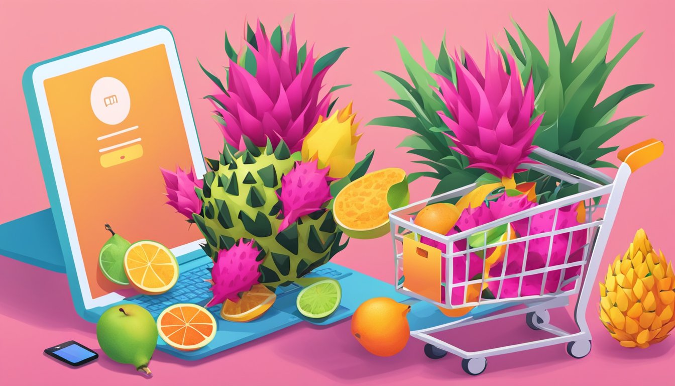 A hand reaches for a vibrant dragon fruit in an online shopping cart, surrounded by other exotic fruits and a computer screen displaying the purchase