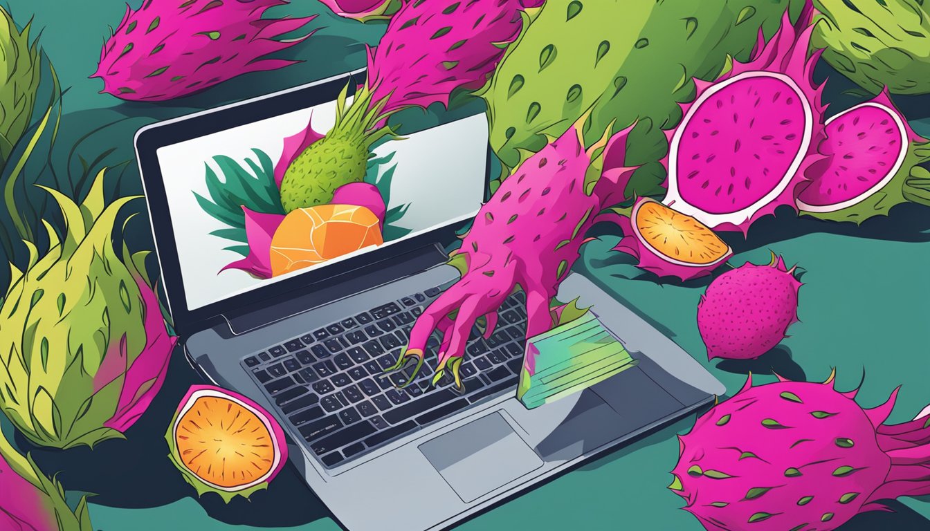 A hand reaches for a vibrant dragon fruit on a computer screen, clicking "buy now" for online purchase