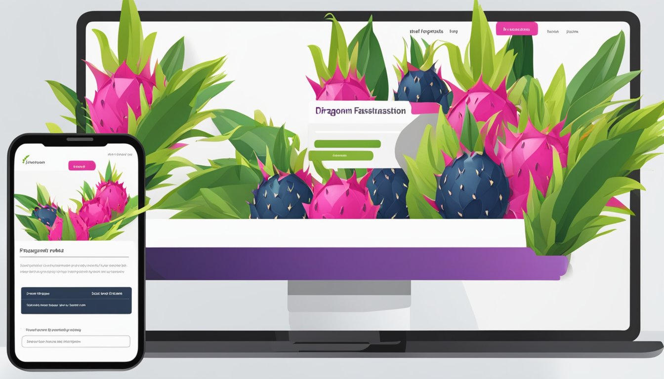 Dragon fruit displayed on a website, with a "Frequently Asked Questions" section below. Online purchasing options visible