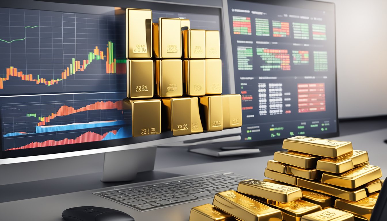 A stack of gold bars and a computer screen displaying stock market data in a modern office setting