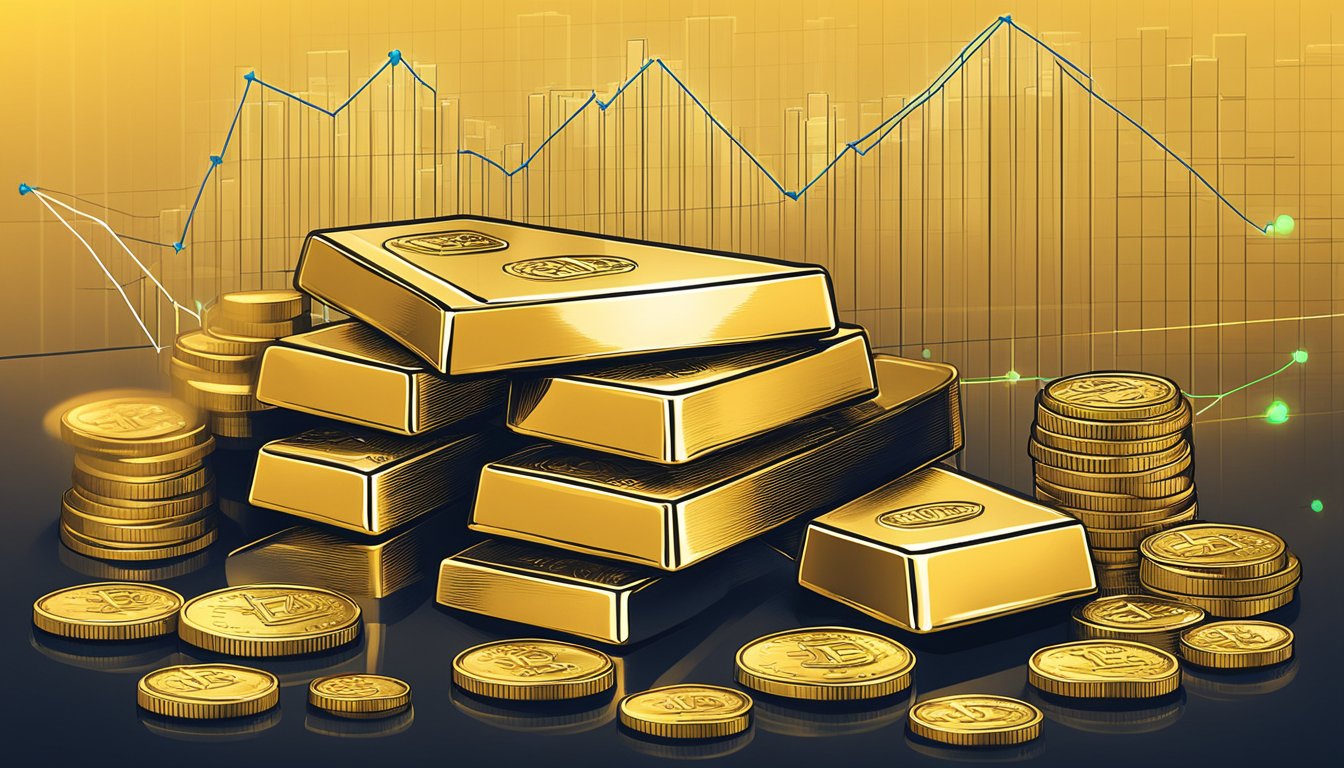A stack of gold bars and coins surrounded by financial charts and graphs, with a glowing upward trend line symbolizing the benefits of investing in Gold ETFs
