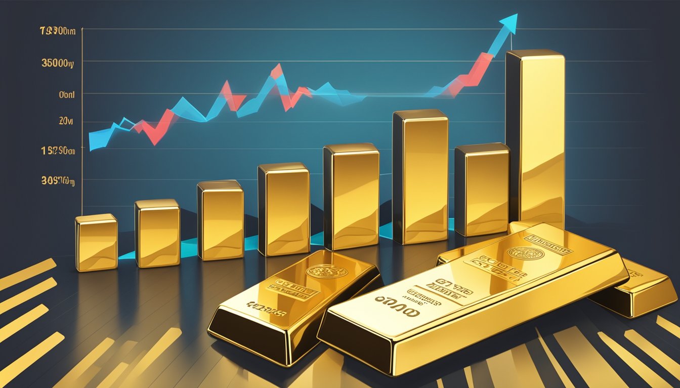 A stack of gold bars and a line graph showing inflation rates, with a rising trend, in the background