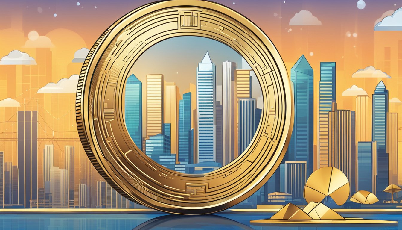 A golden coin surrounded by financial charts and graphs, with a Singaporean skyline in the background