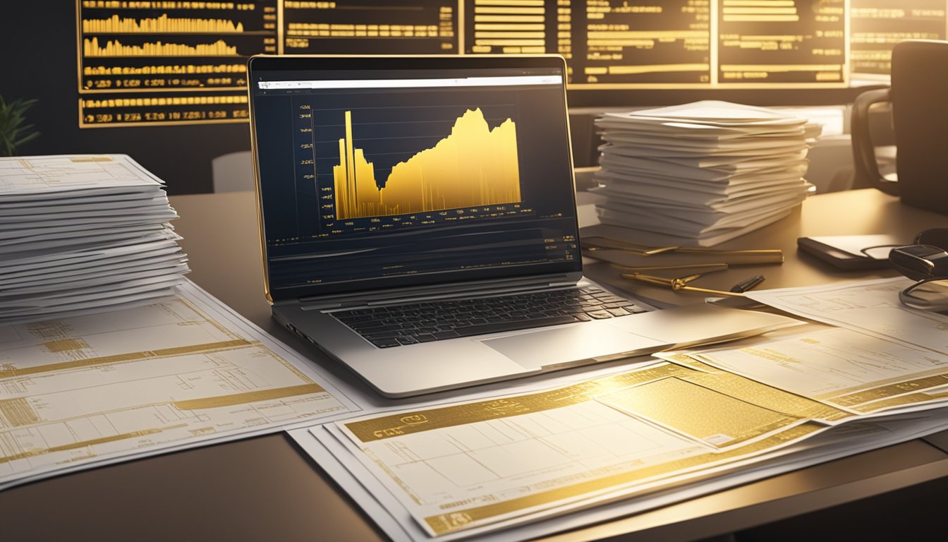 A stack of gold ETF certificates on a sleek desk, with a laptop displaying stock market charts in the background. A golden glow illuminates the scene