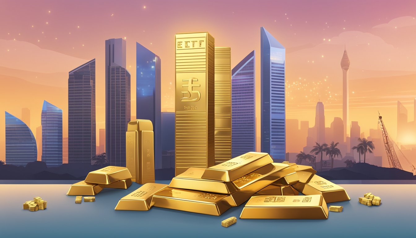 A stack of gold bars surrounded by ETF symbols, with a Singapore skyline in the background