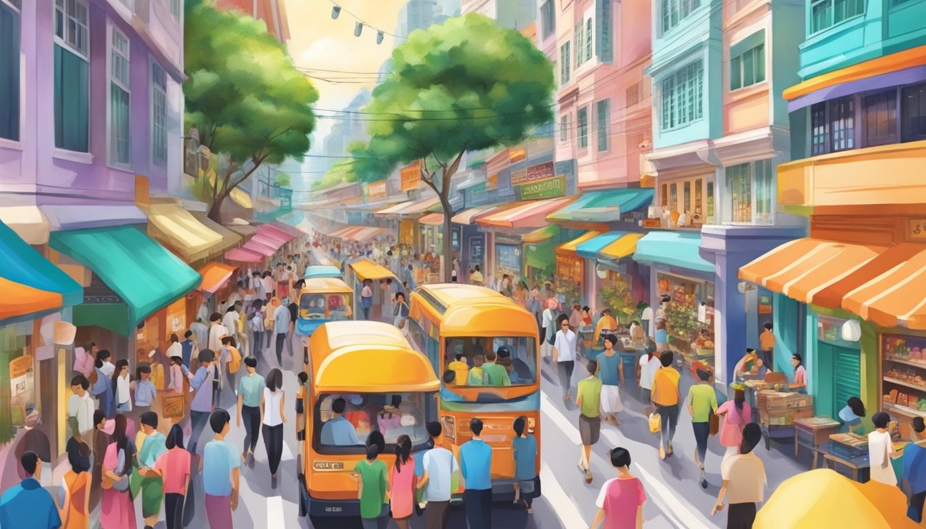 A bustling street in Singapore, with colorful storefronts and bustling crowds, showcasing the vibrant energy of Milbon products