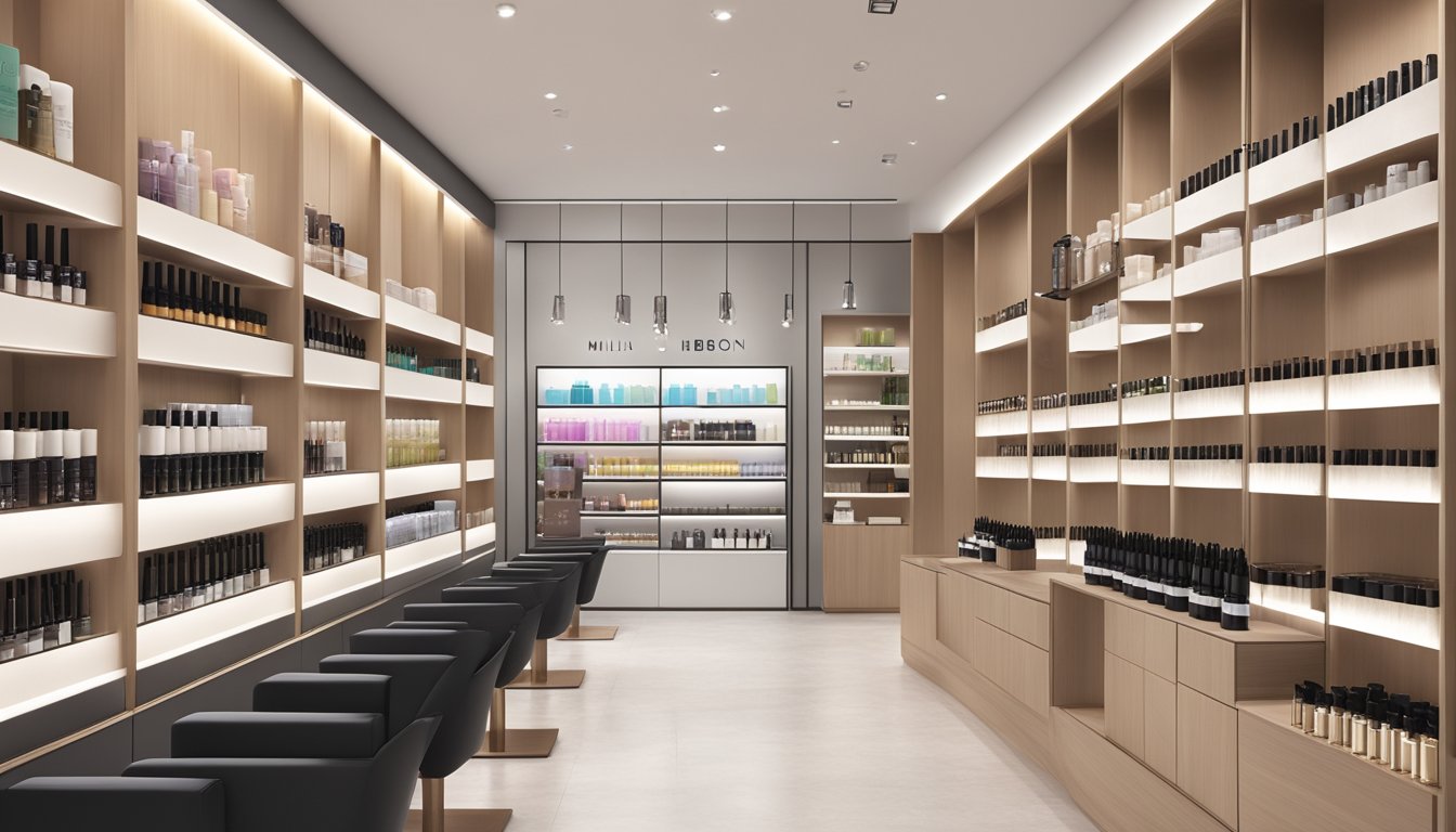 A modern, sleek haircare store in Singapore, with shelves neatly stocked with Milbon products. Bright lighting highlights the brand's logo and attractive packaging