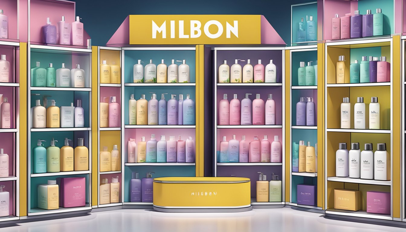 A display of Milbon haircare products arranged on shelves with vibrant packaging and clear labels, surrounded by soft lighting to create an inviting atmosphere