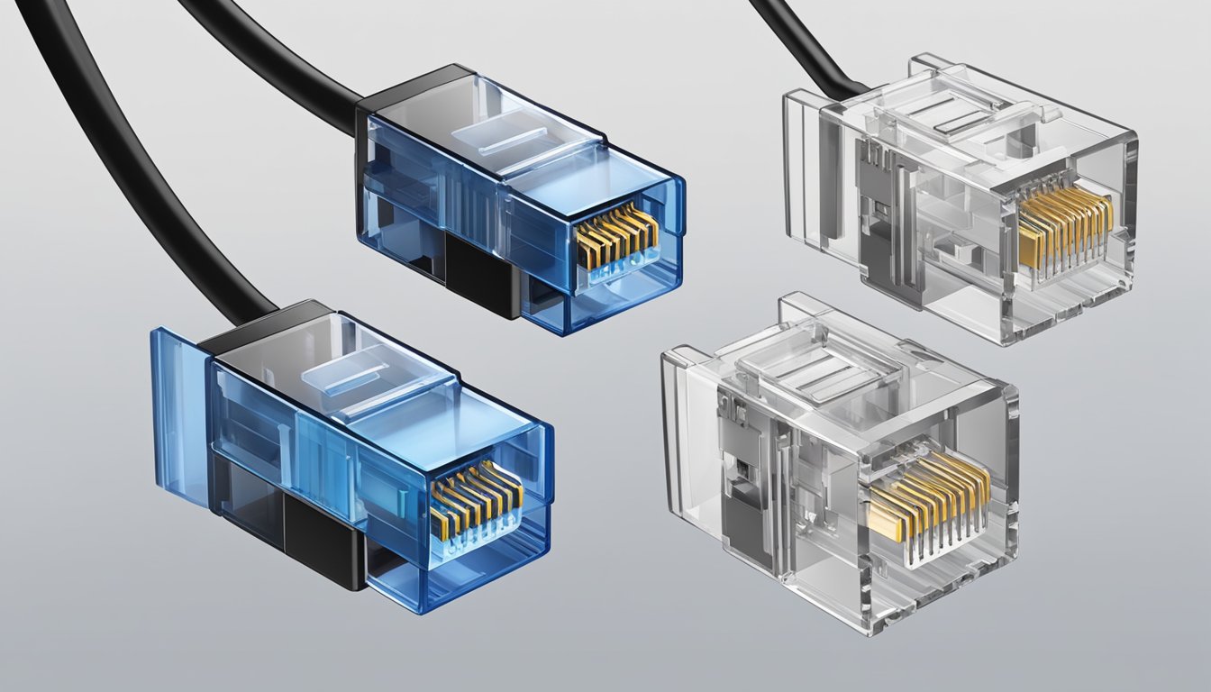 An RJ45 to RJ11 adapter connecting two different types of network cables, with clear labeling and durable construction