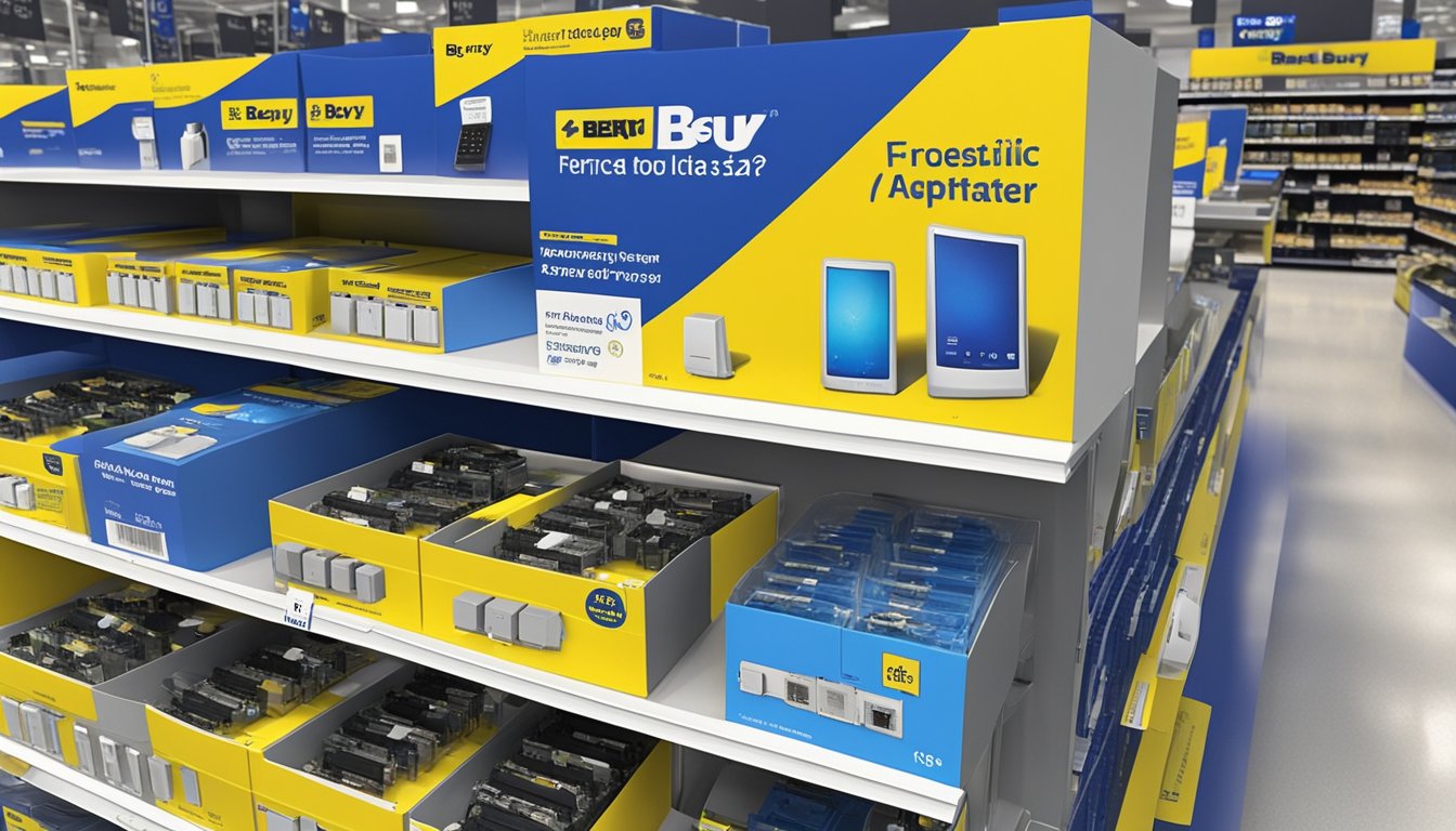 An RJ45 to RJ11 adapter sits on a store shelf at Best Buy, surrounded by other electronic accessories. The packaging prominently displays "Frequently Asked Questions" to inform potential buyers