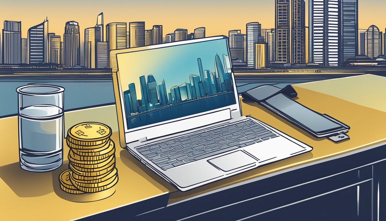 A table with a laptop, notebook, and pen. A stack of gold coins and bars displayed. A Singapore skyline in the background