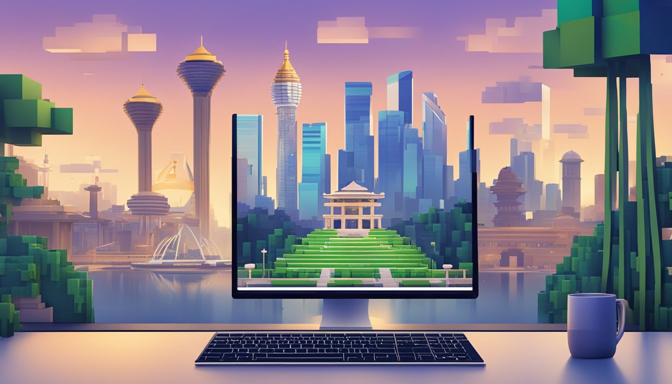 A computer screen displaying the Minecraft homepage with a cursor hovering over the "buy now" button, set against a backdrop of iconic Singapore landmarks